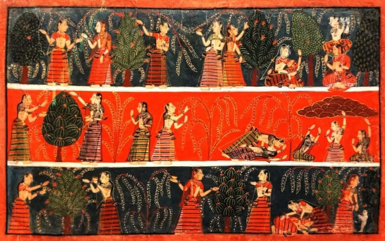 Die Hirtenfrauen suchen sehnsüchtig nach Krishna.
Krishna hat genug von den „nächtlichen Spielen“ mit den Hirtenmädchen und lässt sie allein. Sehnsüchtig suchen sie nach ihm.