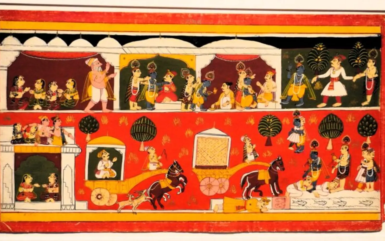 Akura reist zu Krishna.
Akura ist von Kamsa beauftragt worden Krishna nach Mathura zu bringen. Per Pferdewagen macht er sich auf den Weg und wird von Freude übermannt, als er am Fluss die „glückverheissenden Fussspuren“ Krishnas findet.