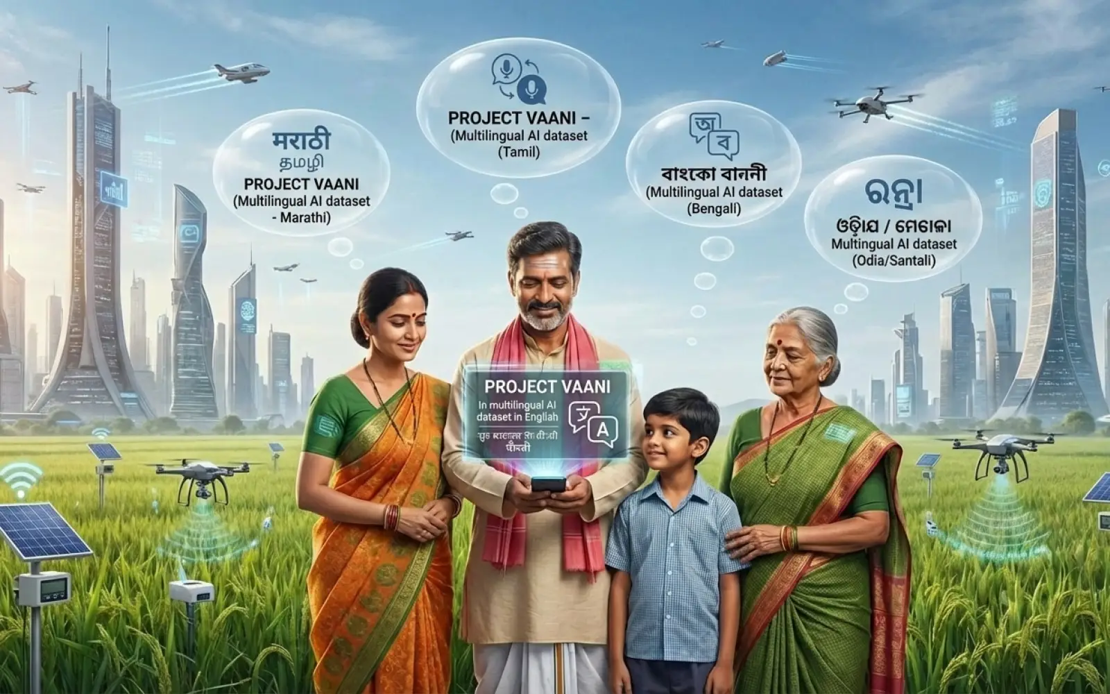 Indische Bauernfamilie mit futuristischer Technologie und mehrsprachiger KI. Abbildung: KI-Generiert