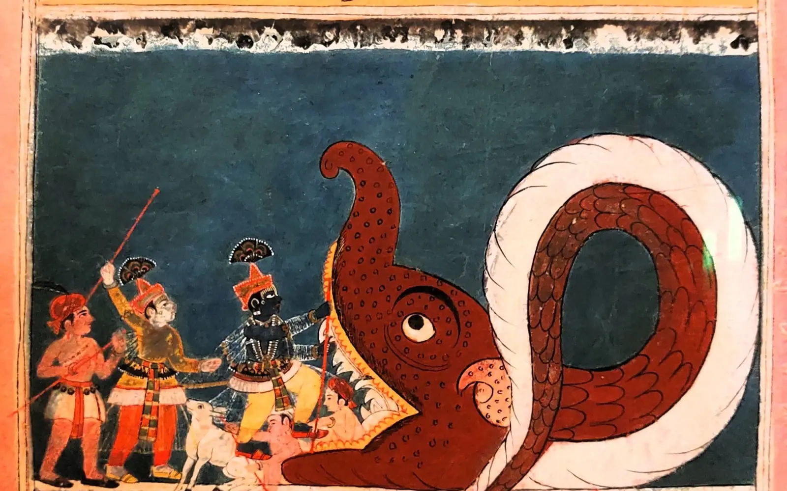Krishna bezwingt den Dämon Agha.
Krishna und seine Freunde hüten die Kühe. Da werden sie von einer riesigen Python bedroht.
Kamsa, Krishnas Gegenspieler, hat den Dämon Agha in Gestalt der Schlange gesandt. Krishna betritt den Rachen der Schlange und wird immer größer bis die Schlange, bzw. der Dämon letztendlich erstickt.