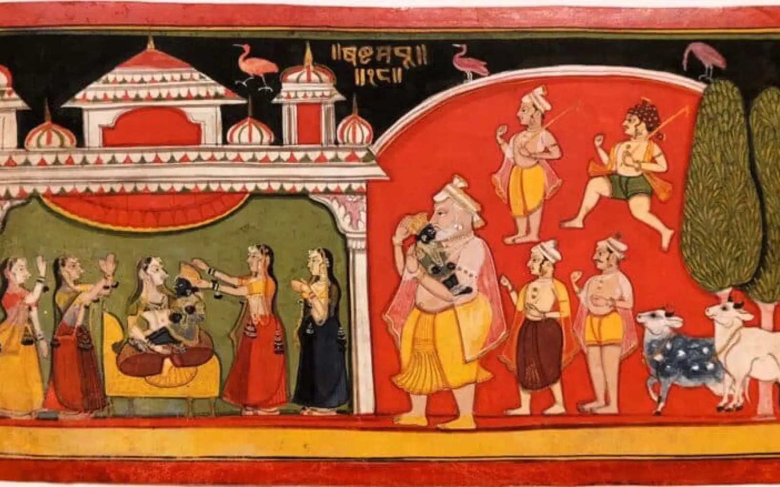 Krishna hat ein Abenteuer bestanden und einen gefährlichen Dämon besiegt. Jetzt sitzt er auf dem Schoss seiner Mutter. Die Dorfbewohner eilen herbei um zu sehen, wie es dem kleinen Helden geht.