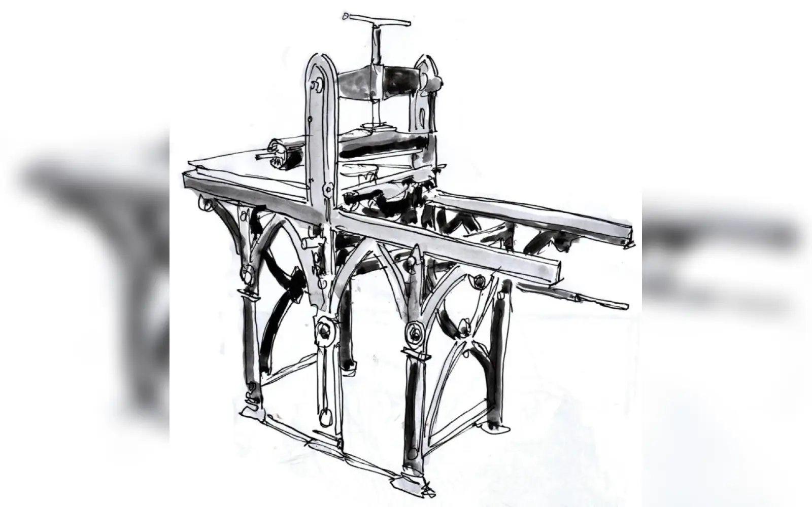 Druckerpresse im Hasta Shilpa Heritage Village, Manipal, Zeichnung Rainer Schoder