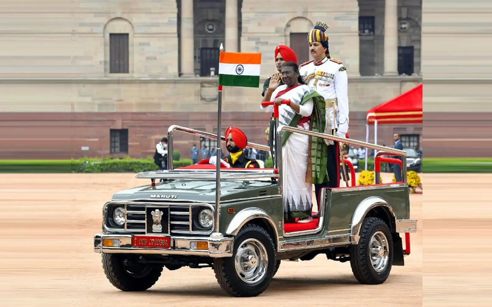 The President, Smt. Droupadi Murmu inspecting the Guard of Honour after the swearing-in ceremony, at Rashtrapati Bhavan, in New Delhi on July 25, 2022. PIB- India