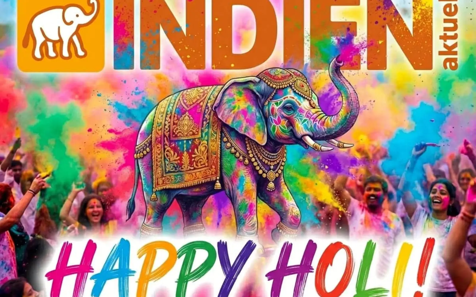 KI-generiertes Motiv des INDIEN aktuell Elefanten inmitten leuchtender Holi-Farben, das die festliche Energie und Lebensfreude des Frühlingsfestes widerspiegelt.