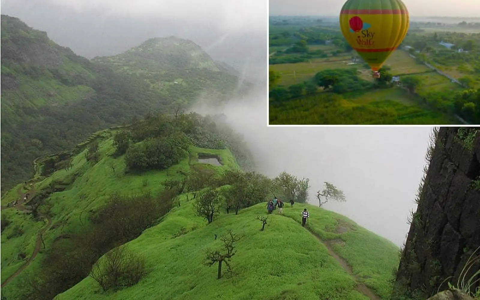 Die Westghats bei Lonavala (Foto: Ravinder Singh Gill) und oben links der Start eines Skywaltz Heißluftballons.