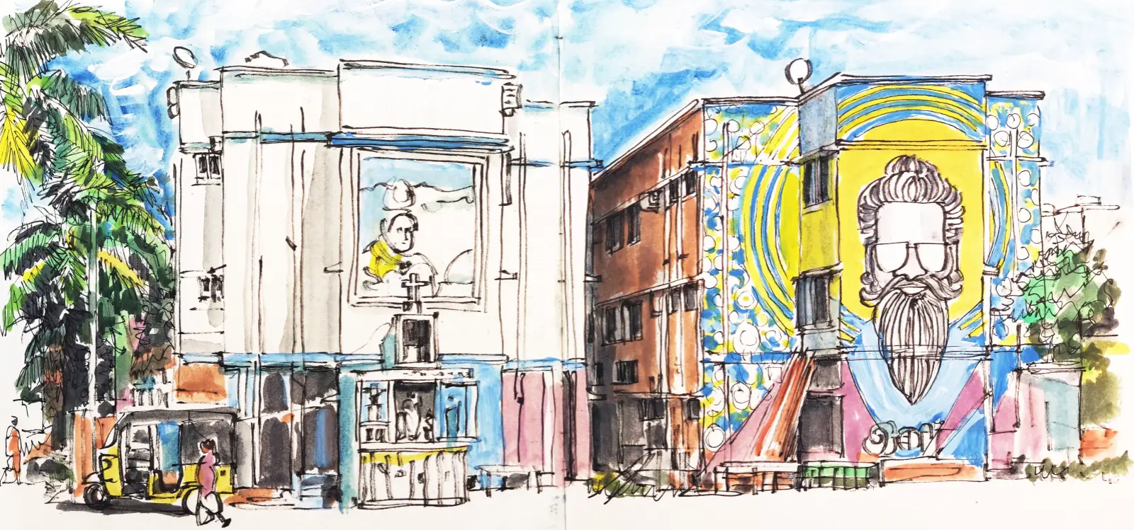 Die Skizze aus „Facelifting Kannagi Nagar“ zeigt die Wohnblöcke im Süden von Chennai, die seit 2020 zum Kunstviertel umgestaltet wurden. Foto: Rainer Schoder