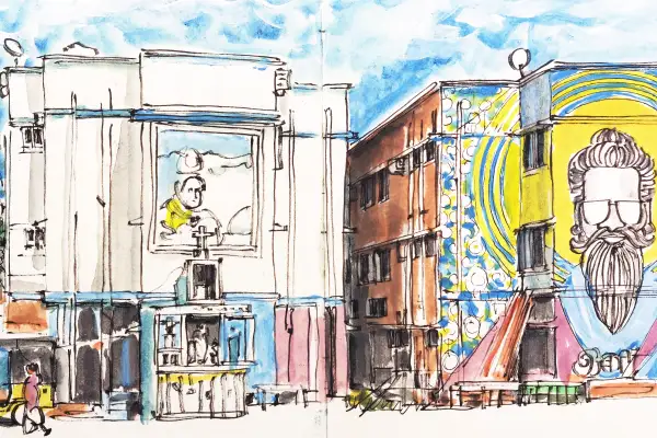Die Skizze aus „Facelifting Kannagi Nagar“ zeigt die Wohnblöcke im Süden von Chennai, die seit 2020 zum Kunstviertel umgestaltet wurden. Foto: Rainer Schoder