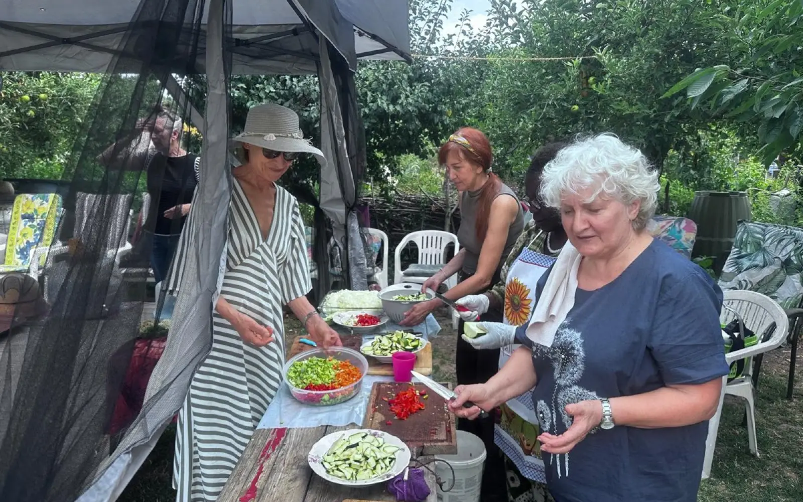 Die Helferinnen und Helfer bereiteten beim Gartenfest frisches Gemüse für das gemeinsame Essen vor. Foto: DIG Trier