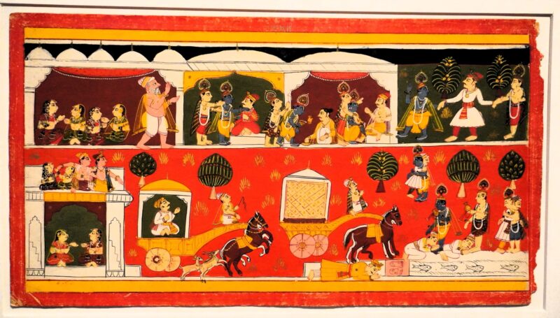 Akura reist zu Krishna.
Akura ist von Kamsa beauftragt worden Krishna nach Mathura zu bringen. Per Pferdewagen macht er sich auf den Weg und wird von Freude übermannt, als er am Fluss die „glückverheissenden Fussspuren“ Krishnas findet.

