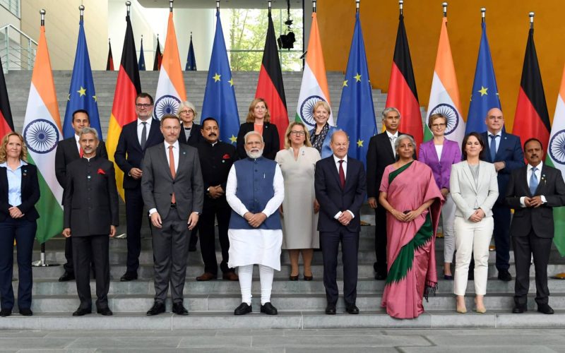 PM and the Chancellor of Germany, Mr. Olaf Scholz in a group photograph, during the Plenary Meeting of the Inter-Governmental Consultations, in Berlin, Germany on May 02, 2022.